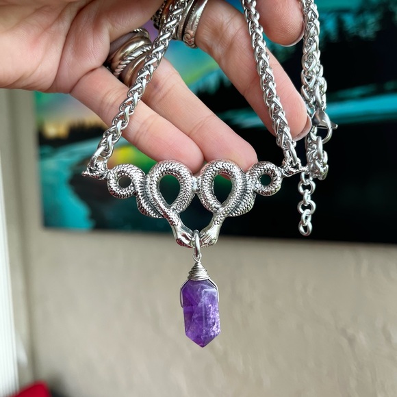 Amethyst crystal stone snake charm stainless steel chain necklace goth boho . - Picture 2 of 11